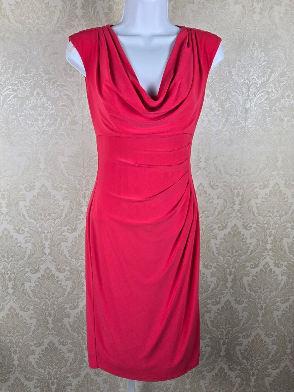 Lauren Ralph Lauren Size 2 Watermelon Pink Cowl Neck Sheath Dress Draped Front